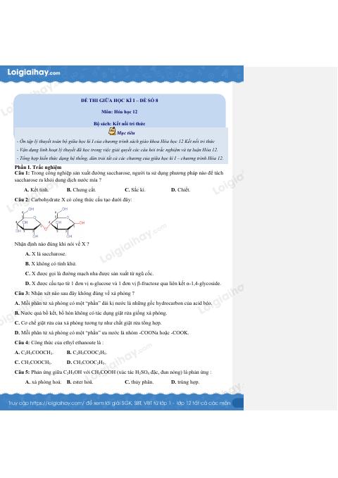 Đề thi giữa kì 1 Hóa 12 Kết nối tri thức - Đề số 8